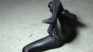 Female masturbation with dildo in black spandex zentai full