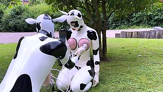 Big tittied lactating freaks milked like cows outdoors