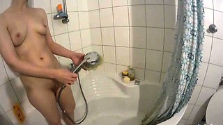 This horny amateur dirty talked teen masturbates in shower
