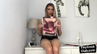 Fem bae in stockings talks dirty about small white penis