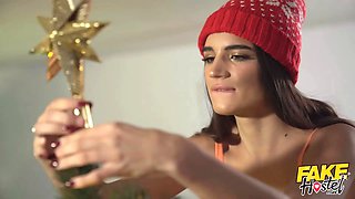 Fake hostel - two kinky ladies get stuck under xmas tree - petite lean french stunner with small arse and brunette tanlines