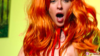 Redhead slut Stella Bliss sucks a guy's cock on the couch before wild fucking.