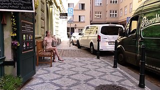 Naughty European teen flashing perky titties in public