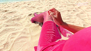 922 Shiny Purple Cdr Pantyhose on the Beach
