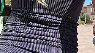 Neighbor walking in park and stairs without underwear -