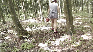 Sexy Milf without panties under skirt picks mushrooms in forest. Outdoor. Outside. No panties. In public. Outdoors. Ass. Pussy