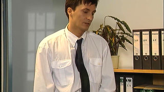 Horny Blonde Slut with Massive Fake Tits Gangbanged by 3 Office Studs!