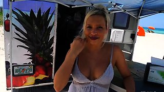 Blonde MILF with big ass and fake titties flashing pussy in