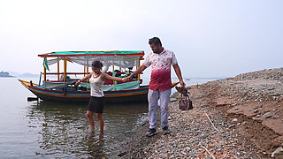 Couple Enjoy in River and Mountain