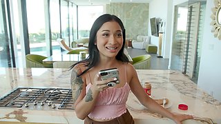Brunette Avery Black sucking a big black cock before being fucked