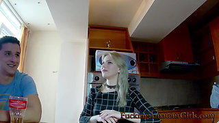 Two dudes bang a submissive hot blonde on a leash, sexy brunette invites her blonde friend to have sweet girl play - many scenes