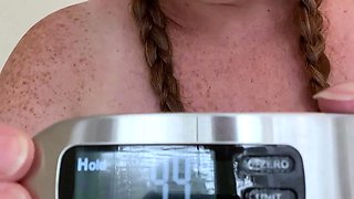 Busty curly brunette with big boobs fucks on couch