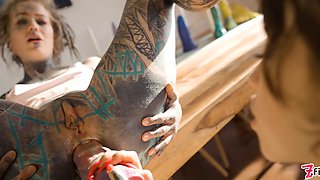 TwoTattooed Lesbian Anal Gape and Squirt and Big Toy