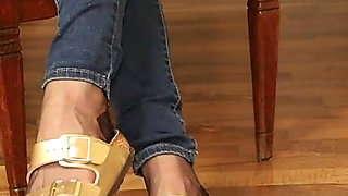 Nylons & Tight Jeans - Dangling in Classic Sandals