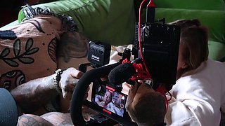 Behind the scenes with sexy pornstar MILF sucking cock