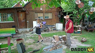 Sexy blonde hottie works magic on middle-aged dude in outdoor fun