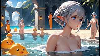 An Elf Girl Bathing in the Bond While Others Are Watching Her Near Beach