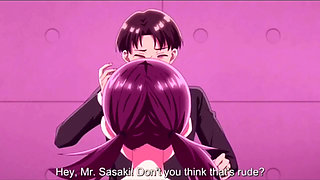 Busty hentai girl gets a cum facial from teacher after handjob