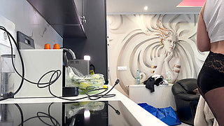 Hot and sexy tight pussy blonde wife in the kitchen shows her sheer shiny black pantyhose and takes off panties