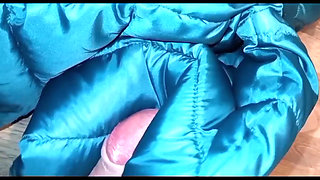 4 cumshots on the lining of her blue shiny puffercoat