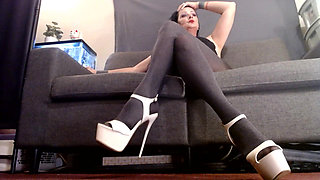 Pantyhose Crossed Legs White Stipper Heels Pumps