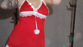Busty snowflake showers during a photo shoot.