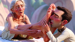 Giantess Old Granny Foot Slave Worship - Tiny Man Licking Her Giant Feet