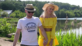 Thin blonde gets a lot of dick from behind to play with in outdoor XXX