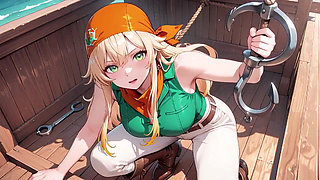 Blonde Pirate Captain! Green Uniform & Rough Ropes on a Sunny Deck. Languid Poses, Long Legs Exposed, and That Teasing Gaze