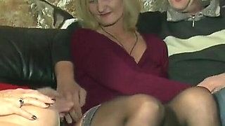Two blonde German milfs open their pussies to a single shared cock in a passionate love threesome to share in real-time