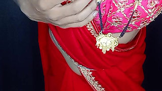 Gorgeous sexy stepmom hot red sexy satin saree and panty