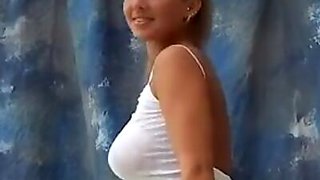 Hot busty teen model bouncing her braless huge titties