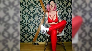 Lady Angela Polish Language Stinky Sneaker Fetish Red Latex Leggings Bare Feet