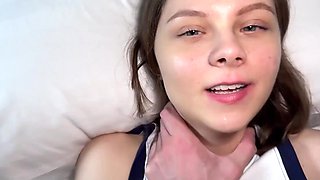 Slim teen gets her face covered in cum after some fun POV