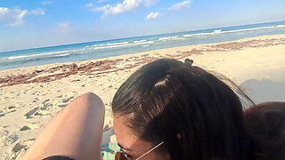 MILF Sucks Cock and Swallows Cum on the Beach POV