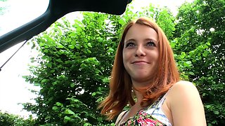 German redhead teen masturbates outdoors for pocket money