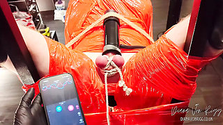 Diana Von Rigg Merciless Cock Milking - Tight Shiny Red Plastic Mummification & Remote Anal Stimulation