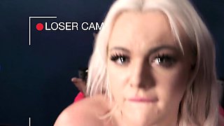 Bigass slut mocking small cockcage guy