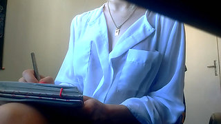 Hot secretary starting masturbation while working , already wearing just skirts and no panties