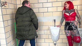 Latex Hobby Slut Fucks Stranger in the Men's Restroom!