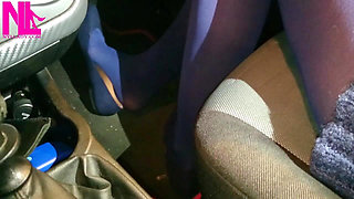Dangling and Shoeplaying in Blue Pantyhose and Blue Flats on a Gas Station
