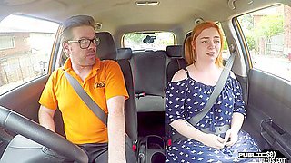 Curvy ginger publicly riding british driving teacher in car