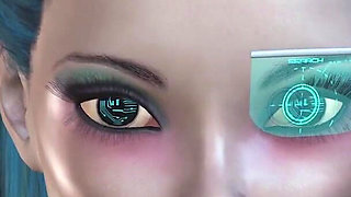 Sci-Fi walls. Sex cyborg and beautiful girl in the planet base station