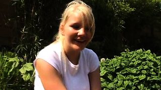 Lucky is a hot blonde teen who has big boobs and