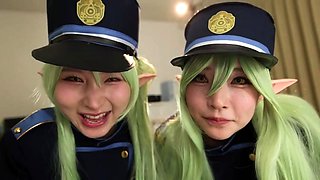 Asian cosplay cuties take turns on cock in POV threesome