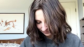 Busty curly brunette with big boobs fucks on couch