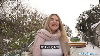 Cute blonde in public POV deepthroats big dick and gets her tight pussy pounded hard