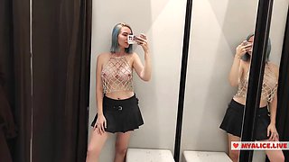 Masturbation in a shopping mall fitting room. I try on wearing transparent clothes in the fitting room and masturbate.