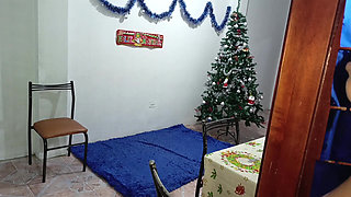 Old Man Has Sex with His Beautiful, Busty Maid in the Bathroom for Christmas