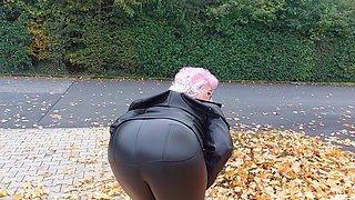 Naughty Granny Tongue Out Flashing Big Tits in Public